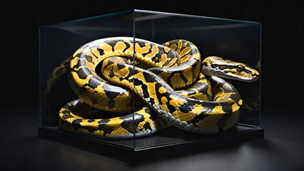 Yellow burmese python in a glass cube