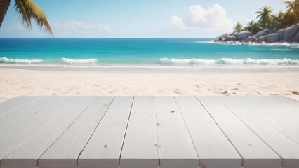 Fototapeta premium White board for product presentation with beach background