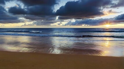 Fototapeta na wymiar Serene Sunrise: Beach and Ocean Majesty Unveiled. Generative AI.