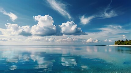 Fototapeta premium Panoramic Tropical Beach Seascape: Sky and Sea Meeting in Stunning Horizon Expanse. 