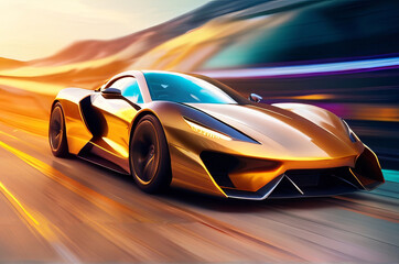 Futuristic Supercar: Neon Night Highway Thrills with Powerful Acceleration and Dazzling Light Trails. 