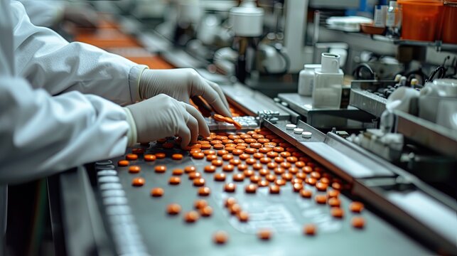 Modern drug manufacturing plant showcasing dynamic pills on conveyors, emblematic of a state-of-the-art pharmaceutical facility.