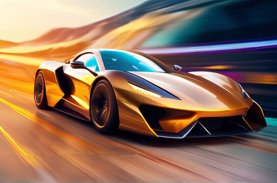 Futuristic Supercar: Neon Night Highway Thrills with Powerful Acceleration and Dazzling Light Trails. Generative AI.