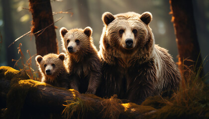 Recreation of mom bear and her bears cubs in the forest

