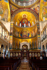 Fototapeta na wymiar Saint Paul melkite (Greek catholic) cathedral, Harissa, Lebanon. Evening prayer during Easter week