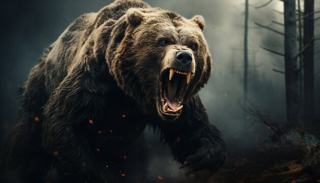 Recreation of a threatening furious bear attacking