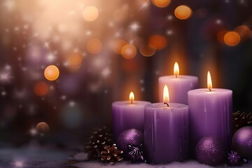 Obraz na płótnie Canvas Purple Candles as a Catholic Symbol Amidst Gentle Bokeh Lights. Made with Generative AI Technology