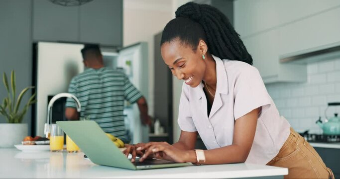 Woman, laptop and happy for online recipe, internet and browsing for funny meme in kitchen. Black couple, happy and scrolling on social media and breakfast at home, meal prep and food subscription