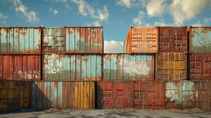A stack of containers, blending vibrant colors with the rustic charm of weathered metal.