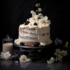 Obraz na płótnie Canvas Stylish, elegant cake with strawberry, blueberry, redberry Stylish, elegant cake white cream and chich floral decor on a wooden cake stand and black background. Copy space for text, advertising, messa
