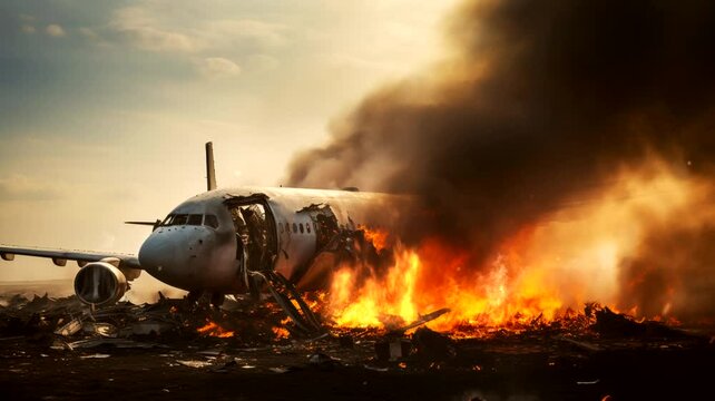 The scene of the plane burning due to an accident, 4k animated virtual repeating seamless	
