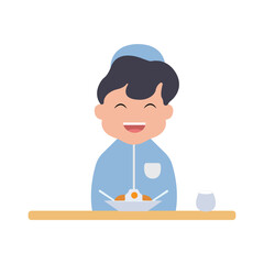 vector illustration of a cute child character breaking the fast simple concept eid mubarak happy
