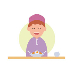 vector illustration of a cute child character breaking the fast simple concept eid mubarak happy