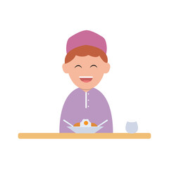 vector illustration of a cute child character breaking the fast simple concept eid mubarak happy