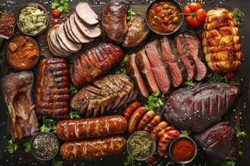 A top-down view of a delectable assortment of meats, creating an appetizing backdrop