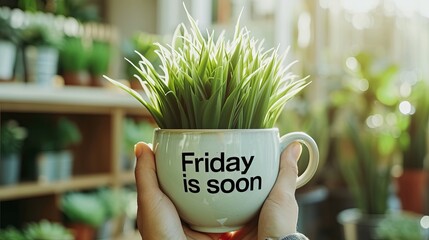 Morning happiness with coffee cup    friday is soon  text to counter weekend anticipation.