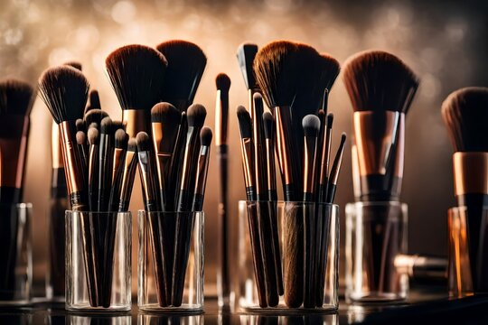 Craft a mesmerizing image showcasing a set of various professional makeup brushes resting in a transparent glass
