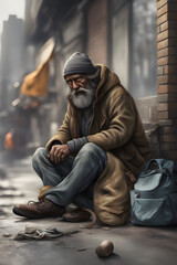 homeless old man sitting on the street