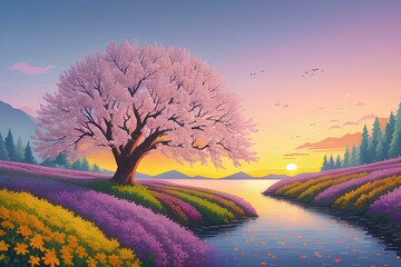 Fototapeta na wymiar Beautiful and Peaceful Nature Scenery Illustration, Landscape, Countryside, Tranquil, Vibrant and Colorful