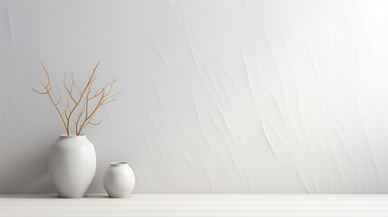 horizontal image of a white minimalist background with a two decoration vases on lower left hand side Generative AI
