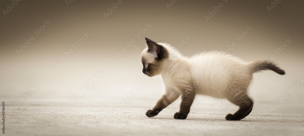Poster Fluffy cat walking in side view on pastel solid color background with copy space for text placement