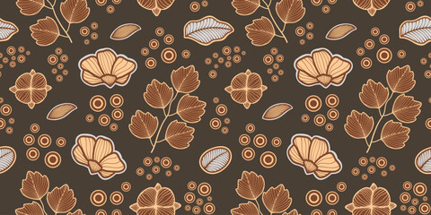 Floral leaf seamless pattern with brown colors combination. Abstract design of leaves and flowers. Design of leaves made for fabric or textile, wallpaper, wrapping, interior decor, cover, clothing