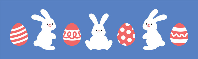 Easter bunny, rabbit and eggs ornament isolated on  
 background. Cute modern colorful cartoon. Minimal design elements for seasonal holiday decoration. Vector illustration.