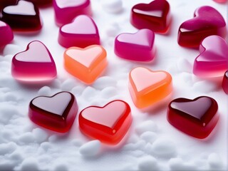 heart-shaped candies, Red gummy love hearts, On white winter snow floor top, couple, love, valentine handcraft symbol pattern