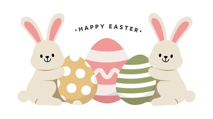 Easter day greeting card, banner, poster design template. Bunny rabbit and eggs ornament in cute modern pastel  minimalist style. Vector illustration for seasonal holiday decoration art.