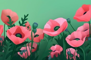 Pink poppies on a green background. Banner. Generative AI