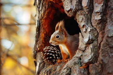 Curious Squirrel Holding a Pine Cone in a Hollow Tree During Autumn