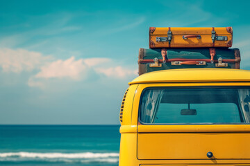 Vintage retro minibus van on a deserted beach. A pile of suitcases on the roof of a motorhome.