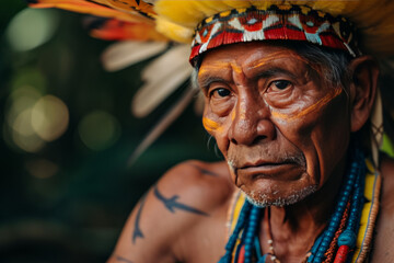 Portrait of an indigenous Amazonian, an aborigine, in traditional coloring and colored feathers. - obrazy, fototapety, plakaty