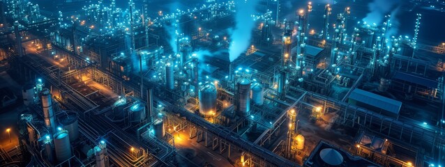 Illuminated Petrochemical Industrial Plant at Night
