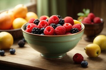 a bowl of fruit sitting on top of a wooden table, bowl of fruit, (a bowl of fruit)