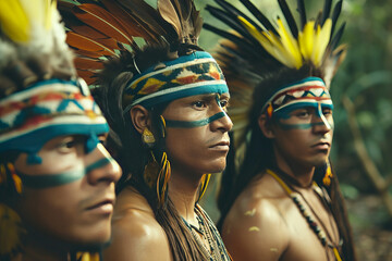 Group of native Amazon aboriginal people in traditional costumes. - obrazy, fototapety, plakaty