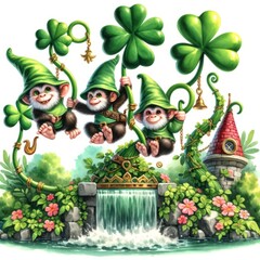 Three playful monkeys in green gnome hats swinging from clover stems near a waterfall and a whimsical tower, in a festive St. Patrick's setting.
