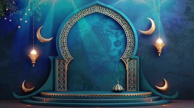 podium background in Ramadan holiday style. oriental arabic design Seamless looping 4k time-lapse virtual video animation background. Generated AI	