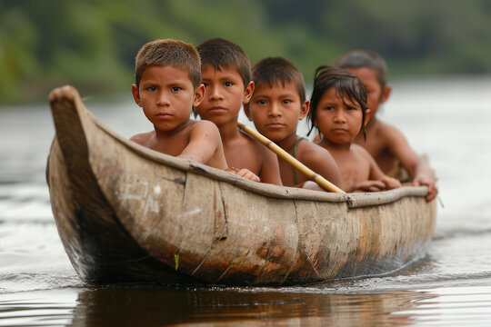 Venezuelan aboriginal children in a traditional wooden canoe on the river.