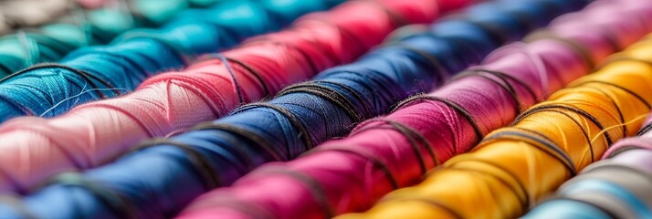 Colorful cotton threads on tailor s textile fabric background with seamstress tools and materials