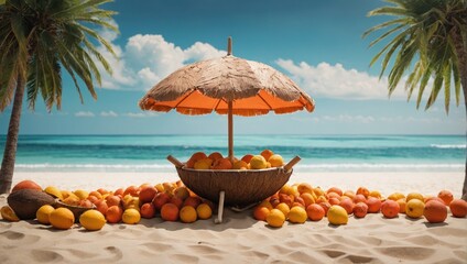 Tropical beach concept made of coconut fruit and sun umbrella. Creative minimal summer idea