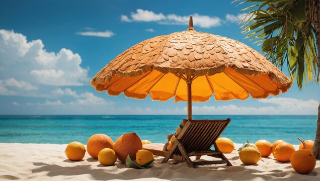 Tropical beach concept made of coconut fruit and sun umbrella. Creative minimal summer idea