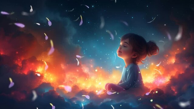 Cute relaxing meditation baby or child with cherry blossoms flower rain and cloud background. Seamless loop lullaby animation