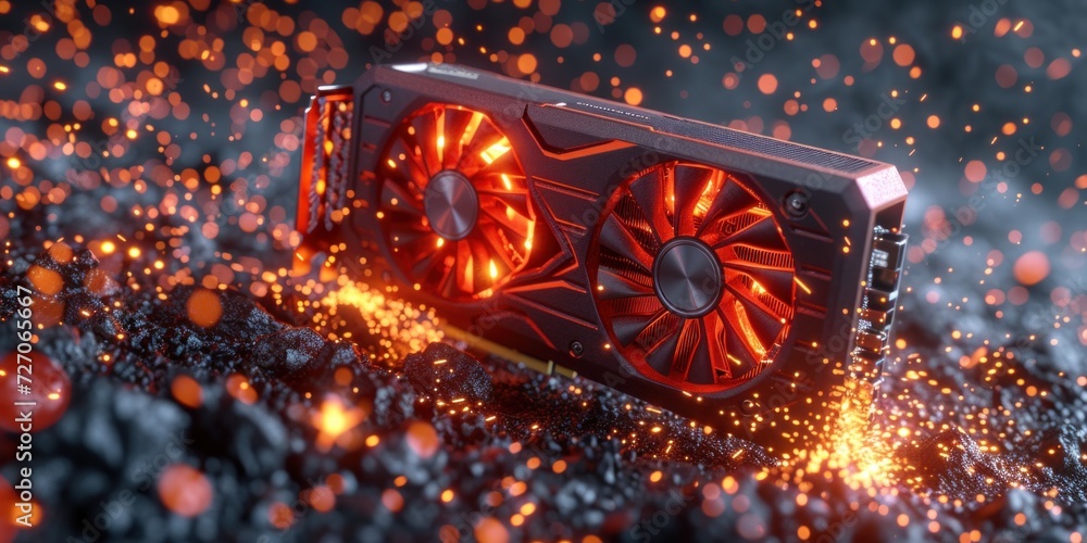 Poster close-up view of a glowing graphics card with fans operative against a dark background