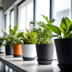 Background with green plants in flower pots on the windowsill