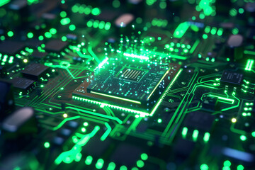 Obraz premium CPU Neon Flow: A Futuristic Representation of Advanced Technology with Green Data Flowing Across a Microchip and Motherboard