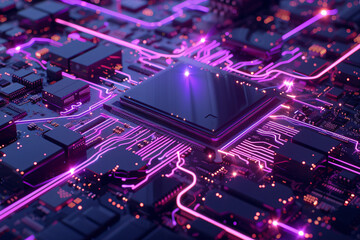 CPU Neon Flow: A Futuristic Representation of Advanced Technology with purple Data Flowing Across a Microchip and Motherboard