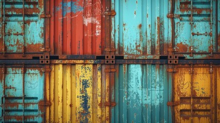 Colorful containers arranged in a stack, showcasing both vibrancy and signs of aging.