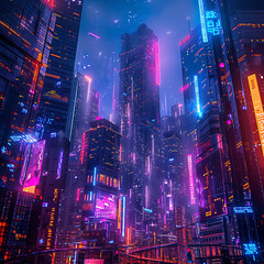 A neon-lit cityscape with towering buildings and glowing lights against a dark backdrop, creating a futuristic and visually stunning urban setting.