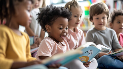Children in Kindergarten at a reading lesson - Powered by Adobe